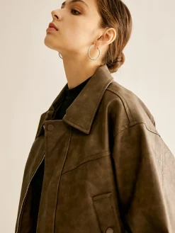 COMMENSE Outerwear|Jackets^Zipper Faux Leather Jacket Brown